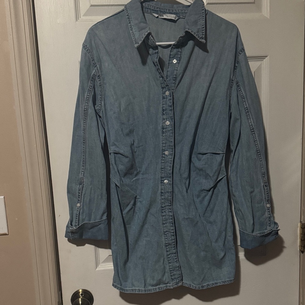 Zara Light Blue Denim Button-Down Shirt